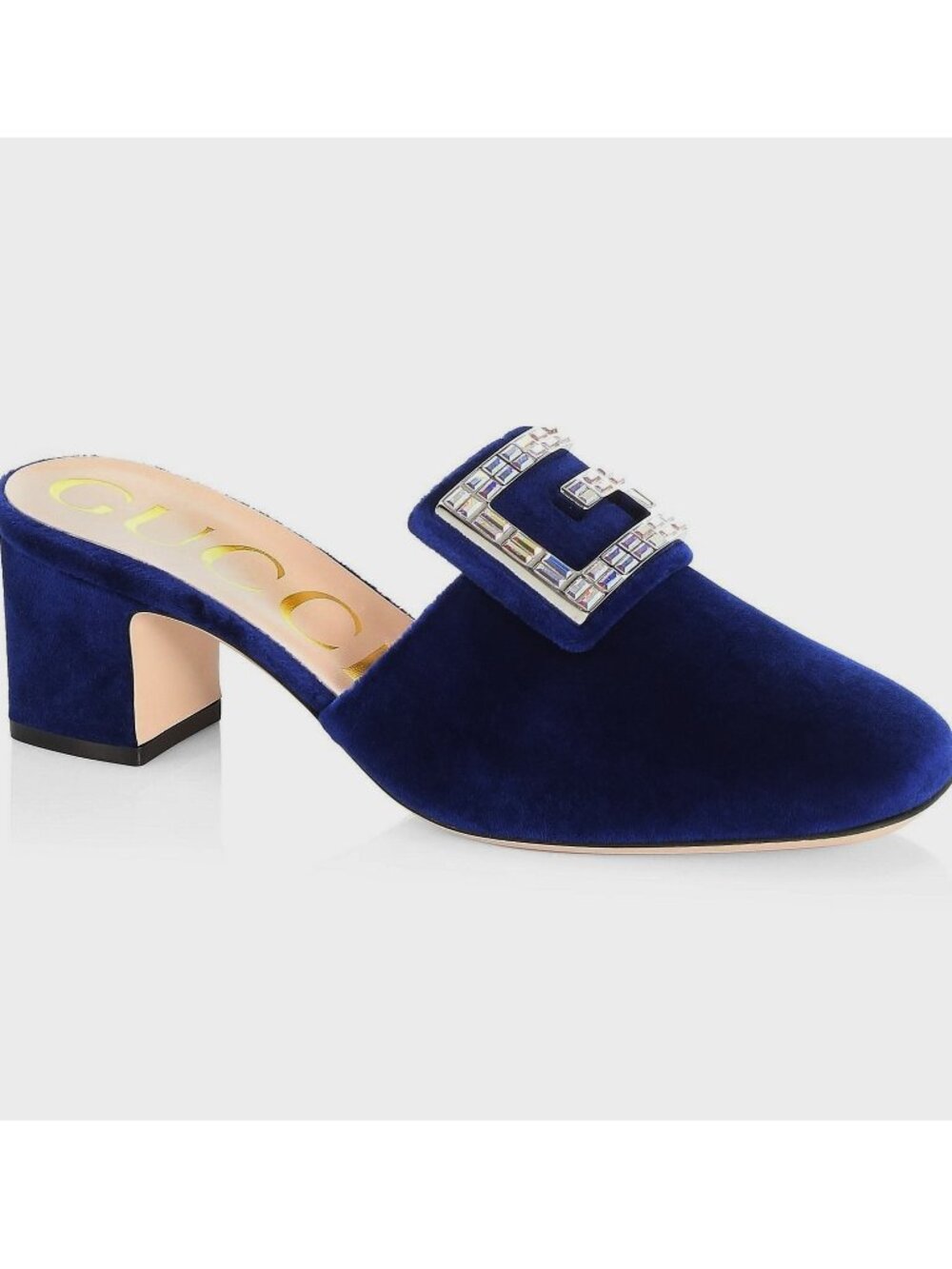 NEW Gucci Madelyn Cobalt Velvet Crystal G Buckle Mules Block Heel EU 40